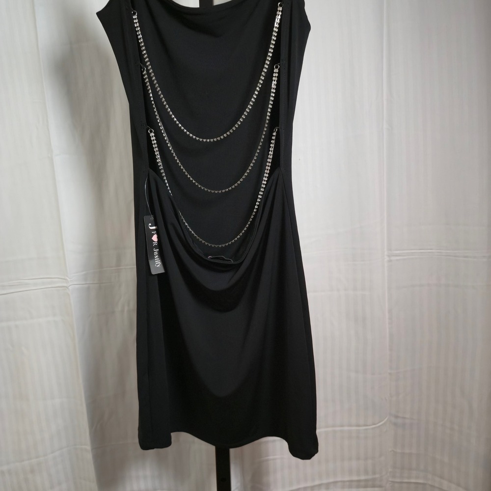 J for Justify Juniors Black Mini Dress Spaghetti Strap Jewel Chain Detail Size L